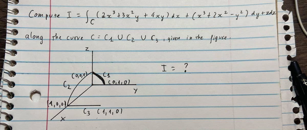 Compute I= C4xy)4x t (x'+2x² -y?)dytzhz
(2x²+3x°y+
4xyldx + (x't2x²-y?) dy+zdz
along C: C4U Cz UC, given in the figure
The curre
[1,0,01
(3 (1,1,01
