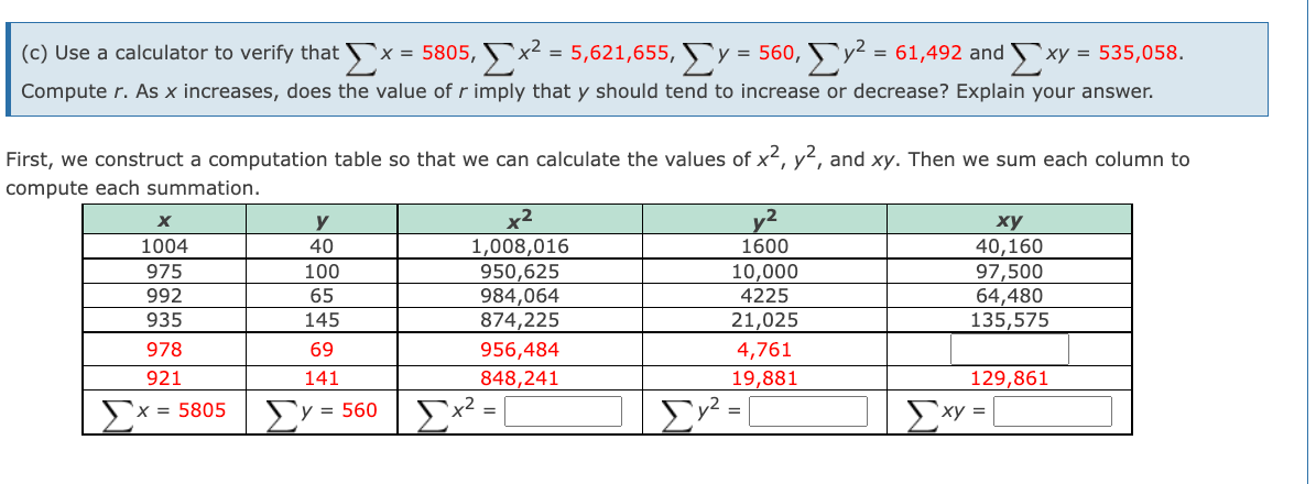 (c) Use a calculator to verify that .
`x = 5805, x² = 5,621,655, v = 560, y? = 61,492 and xy = 535,058.
Compute r. As x increases, does the value of r imply that y should tend to increase or decrease? Explain your answer.
First, we construct a computation table so that we can calculate the values of x², y', and xy. Then we sum each column to
compute each summation.
y
v2
ху
1004
1600
40,160
97,500
64,480
135,575
40
1,008,016
950,625
984,064
874,225
975
100
10,000
4225
992
65
935
145
21,025
978
69
956,484
4,761
921
141
848,241
19,881
129,861
Σ
Ex² =
x = 5805
Sy = 560
xy =

