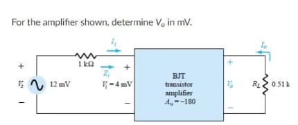 For the amplifier shown, determine V, in mv.
1 k2
+
+
A, 12 mV
V=4 mV
BJT
transistor
0.51k
amplifier
A,--180
