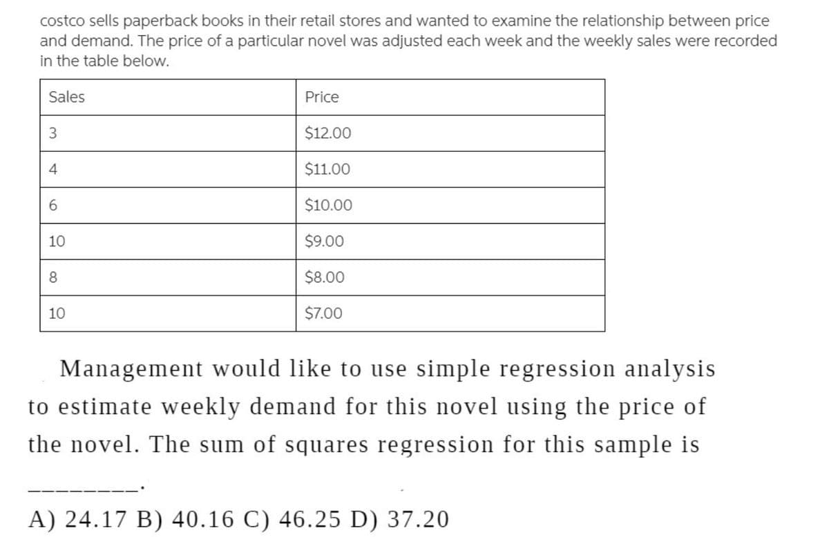 costco sells paperback books in their retail stores and wanted to examine the relationship between price
and demand. The price of a particular novel was adjusted each week and the weekly sales were recorded
in the table below.
Sales
Price
3
$12.00
4
$11.00
$10.00
10
$9.00
$8.00
10
$7.00
Management would like to use simple regression analysis
to estimate weekly demand for this novel using the price of
the novel. The sum of squares regression for this sample is
A) 24.17 B) 40.16 C) 46.25 D) 37.20
