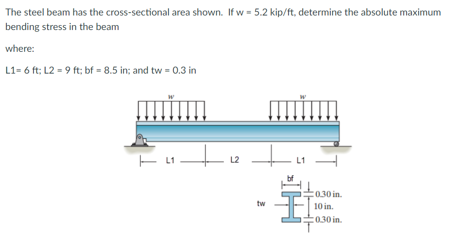 The steel beam has the cross-sectional area shown. If w = 5.2 kip/ft, determine the absolute maximum
bending stress in the beam
where:
L1= 6 ft; L2 = 9 ft; bf = 8.5 in; and tw = 0.3 in
E L1
L2
L1
:0.30 in.
tw
10 in.
:0.30 in.
