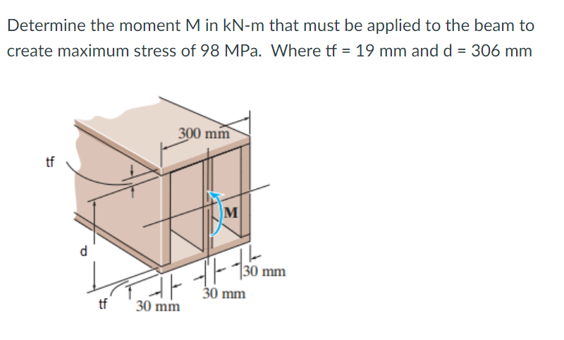 Determine the moment M in kN-m that must be applied to the beam to
create maximum stress of 98 MPa. Where tf = 19 mm and d = 306 mm
300 mm
tf
M
d
|30 mm
30 mm
tf
30 mm
