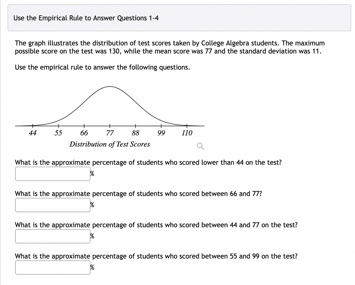 Use the Empirical Rule to Answer Questions 1-4
The graph illustrates the distribution of test scores taken by College Algebra students. The maximum
possible score on the test was 130, while the mean score was 77 and the standard deviation was 11.
Use the empirical rule to answer the following questions.
+
+
+
44
55
66
77
88
99
110
Distribution of Test Scores
What is the approximate percentage of students who scored lower than 44 on the test?
What is the approximate percentage of students who scored between 66 and 77?
What is the approximate percentage of students who scored between 44 and 77 on the test?
What is the approximate percentage of students who scored between 55 and 99 on the test?
it

