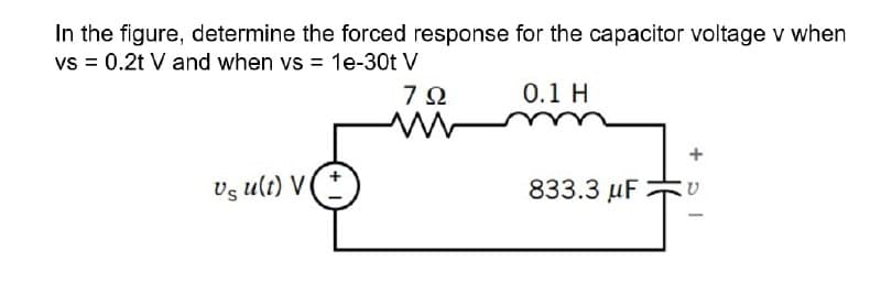 In the figure, determine the forced response for the capacitor voltage v when
vs = 0.2t V and when vs = 1e-30t V
0.1 H
Us ult) V
833.3 µF
