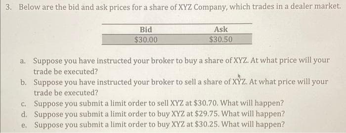 3. Below are the bid and ask prices for a share of XYZ Company, which trades in a dealer market.
Bid
$30.00
Ask
$30.50
a. Suppose you have instructed your broker to buy a share of XYZ. At what price will your
trade be executed?
b. Suppose you have instructed your broker to sell a share of XYZ. At what price will your
trade be executed?
c. Suppose you submit a limit order to sell XYZ at $30.70. What will happen?
d. Suppose you submit a limit order to buy XYZ at $29.75. What will happen?
e. Suppose you submit a limit order to buy XYZ at $30.25. What will happen?