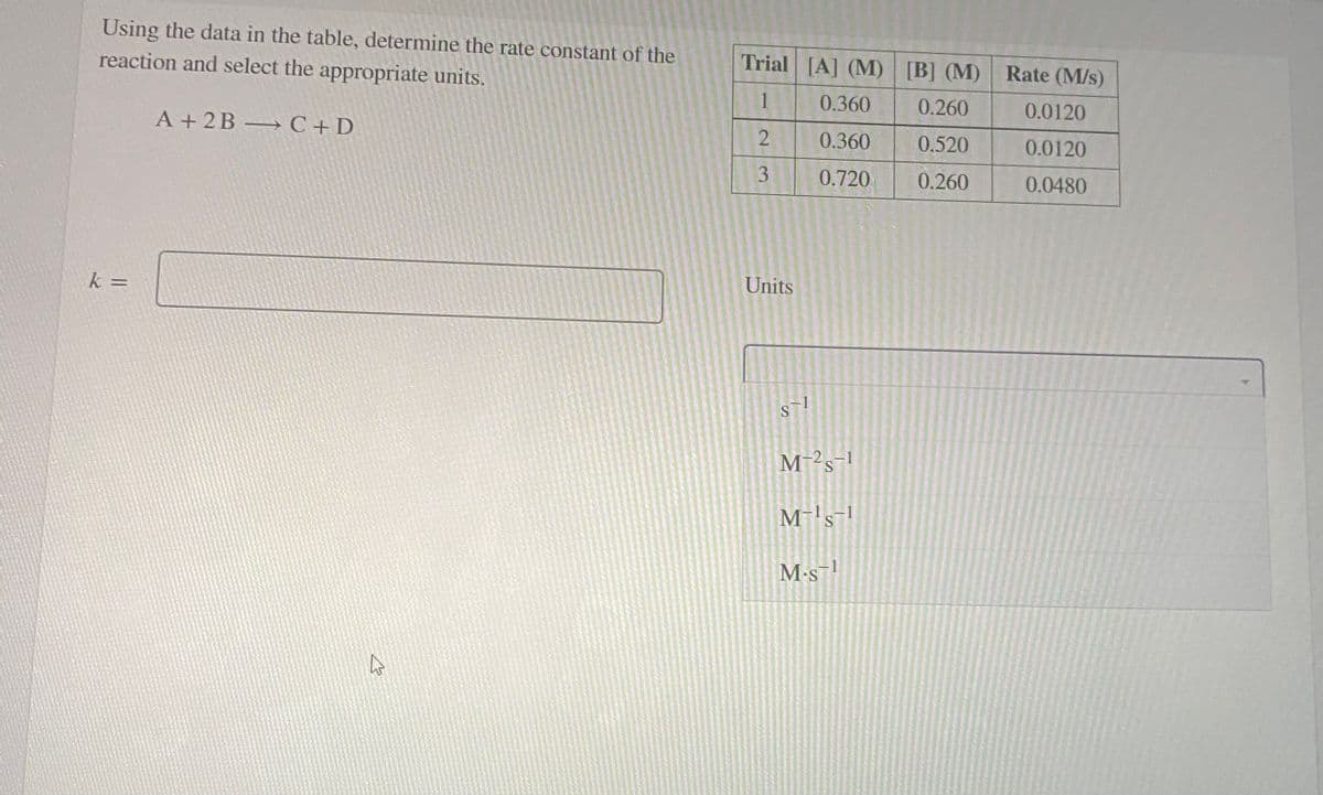 Using the data in the table, determine the rate constant of the
reaction and select the appropriate units.
k =
A + 2B C + D
4
Trial [A] (M) [B] (M) Rate (M/s)
1
0.360
0.260
2
0.360
0.520
3
0.720
0.260
Units
S-1
M-²S-1
M-¹S-1
M.ST¹
0.0120
0.0120
0.0480