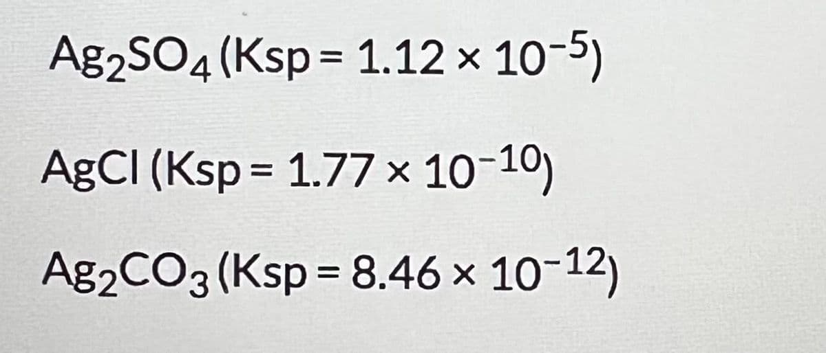 Ag2SO4 (Ksp 1.12 x 10-5)
AgCl (Ksp = 1.77 × 10-10)
Ag2CO3 (Ksp = 8.46 × 10-12)