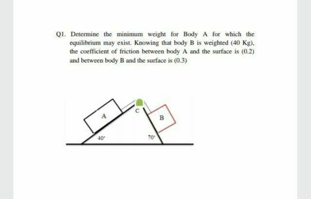 Q1. Determine the minimum weight for Body A for which the
equilibrium may exist. Knowing that body B is weighted (40 Kg).
the coefficient of friction between body A and the surface is (0.2)
and between body B and the surface is (0.3)
B
40
70
