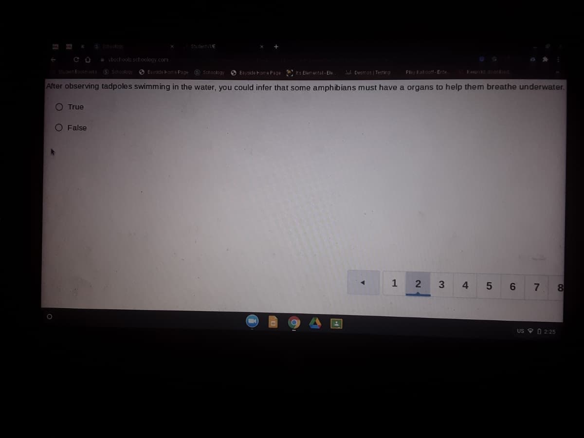 StudentvUE
vbschools schoology com
Sdent Eookmarks 9 Schoology S Esyside Fome Psge e Schoology
8 Eayside Fome Pege Its Elementel - Ele
J Desmos | Testing
Play Kahoot- Ente
Feepd doarrd.
After observing tadpoles swimming in the water, you could infer that some amphibians must have a organs to help them breathe underwater.
O True
O False
1
2
4
6.
8
US O O 2:25
