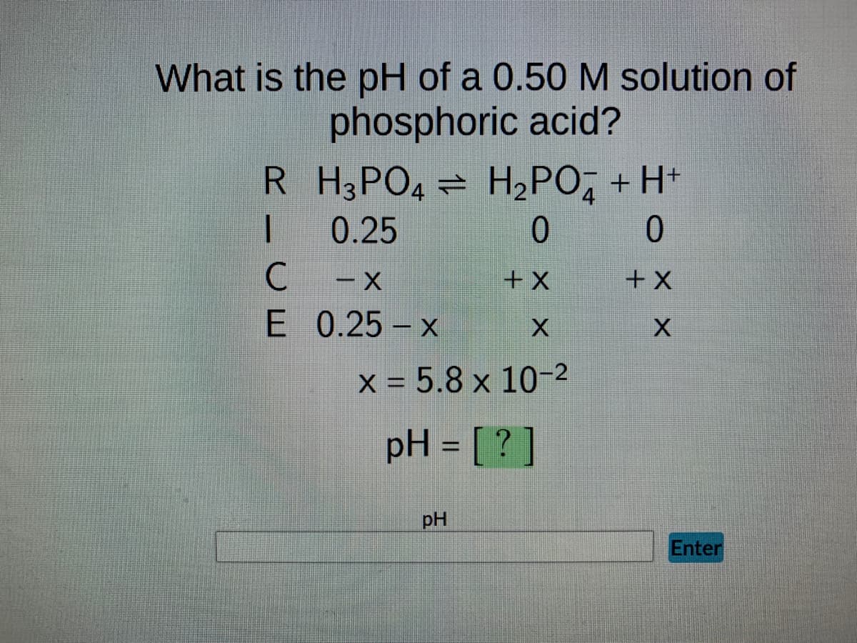What is the pH of a 0.50 M solution of
phosphoric acid?
R
1
C
E
H3PO4
0.25
-X
0.25-x
H₂PO4 + H+
0
0
+ X
+ X
X
X
x = 5.8 x 10-²
pH = [?]
pH
Enter
