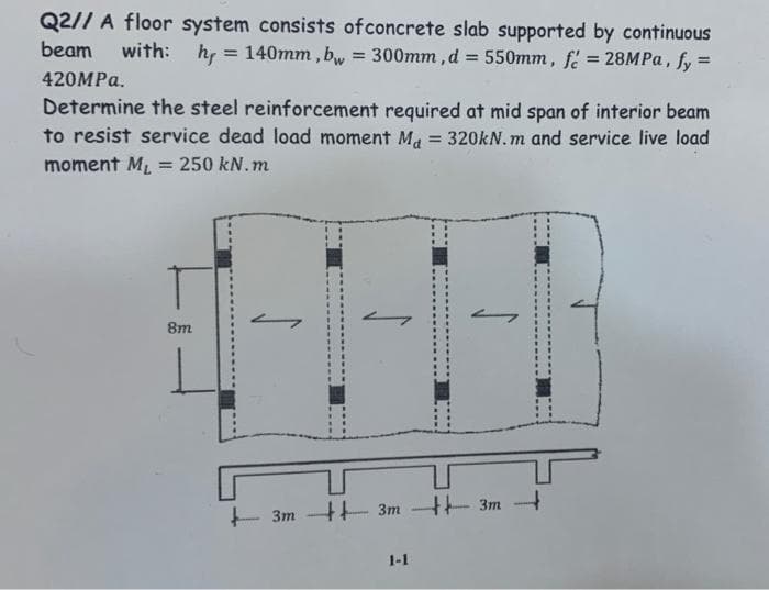 Q2// A floor system consists ofconcrete slab supported by continuous
beam
h = 140mm , bw = 300mm,d = 550mm, f 28MPA, fy =
with:
%3D
420MPа.
Determine the steel reinforcement required at mid span of interior beam
to resist service dead load moment Ma = 320KN.m and service live load
moment M = 250 kN.m
%3!
%3D
8m
+ 3m 4 3m 3m
1-1
