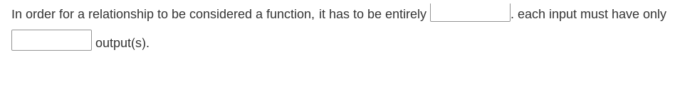 In order for a relationship to be considered a function, it has to be entirely
output(s).
each input must have only