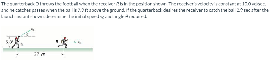 The quarterback Q throws the football when the receiver R is in the position shown. The receiver's velocity is constant at 10.0 yd/sec,
and he catches passes when the ball is 7.9 ft above the ground. If the quarterback desires the receiver to catch the ball 2.9 sec after the
launch instant shown, determine the initial speed vo and angle e required.
6.8'
R
I'R
27 yd-
