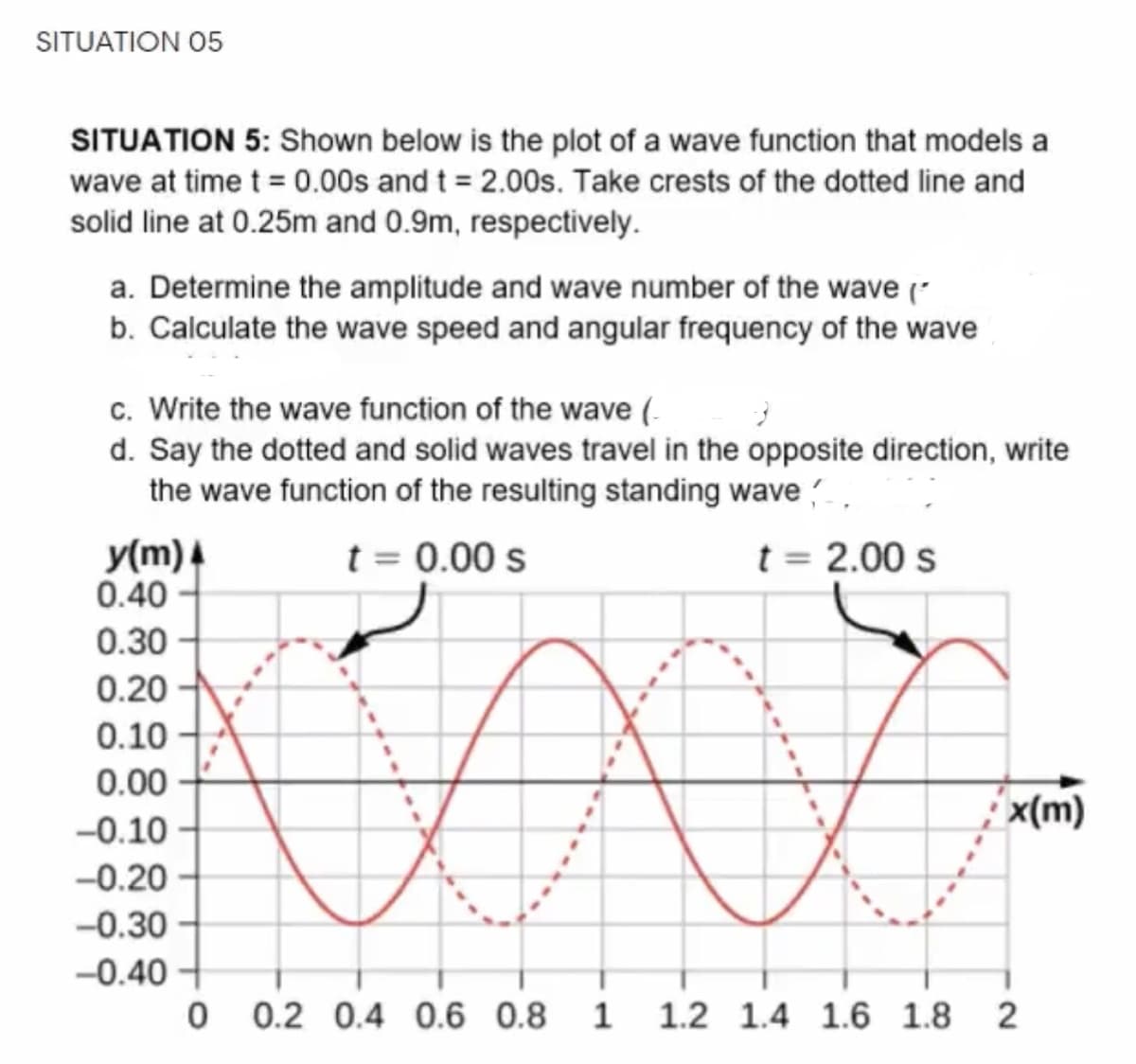 SITUATION 05
SITUATION 5: Shown below is the plot of a wave function that models a
wave at time t = 0.00s and t = 2.00s. Take crests of the dotted line and
solid line at 0.25m and 0.9m, respectively.
a. Determine the amplitude and wave number of the wave (-
b. Calculate the wave speed and angular frequency of the wave
c. Write the wave function of the wave (-
d. Say the dotted and solid waves travel in the opposite direction, write
the wave function of the resulting standing wave
y(m)
0.40
t = 0.00 s
t = 2.00 s
0.30
0.20
0.10
0.00
x(m)
-0.10
-0.20
-0.30
-0.40
0.2 0.4 0.6 0.8
1
1.2 1.4 1.6 1.8
2
