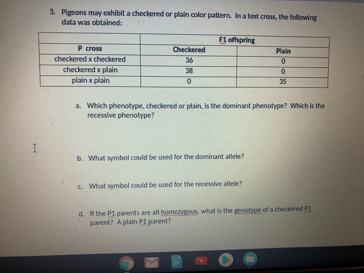 3. Pigeons may exhibit a checkered or plain color pattern. In a test cross, the following
data was obtained:
F1 offspring
P cross
Checkered
Plain
checkered x checkered
36
checkered x plain
38
plain x plain
0.
35
a. Which phenotype, checkered or plain, is the dominant phenotype? Which is the
recessive phenotype?
b. What symbol could be used for the dominant allele?
C. What symbol could be used for the recessive allele?
d. If the P1 parents are all homozygous, what is the genotype of a checkered P1
parent? A plain P1 parent?
