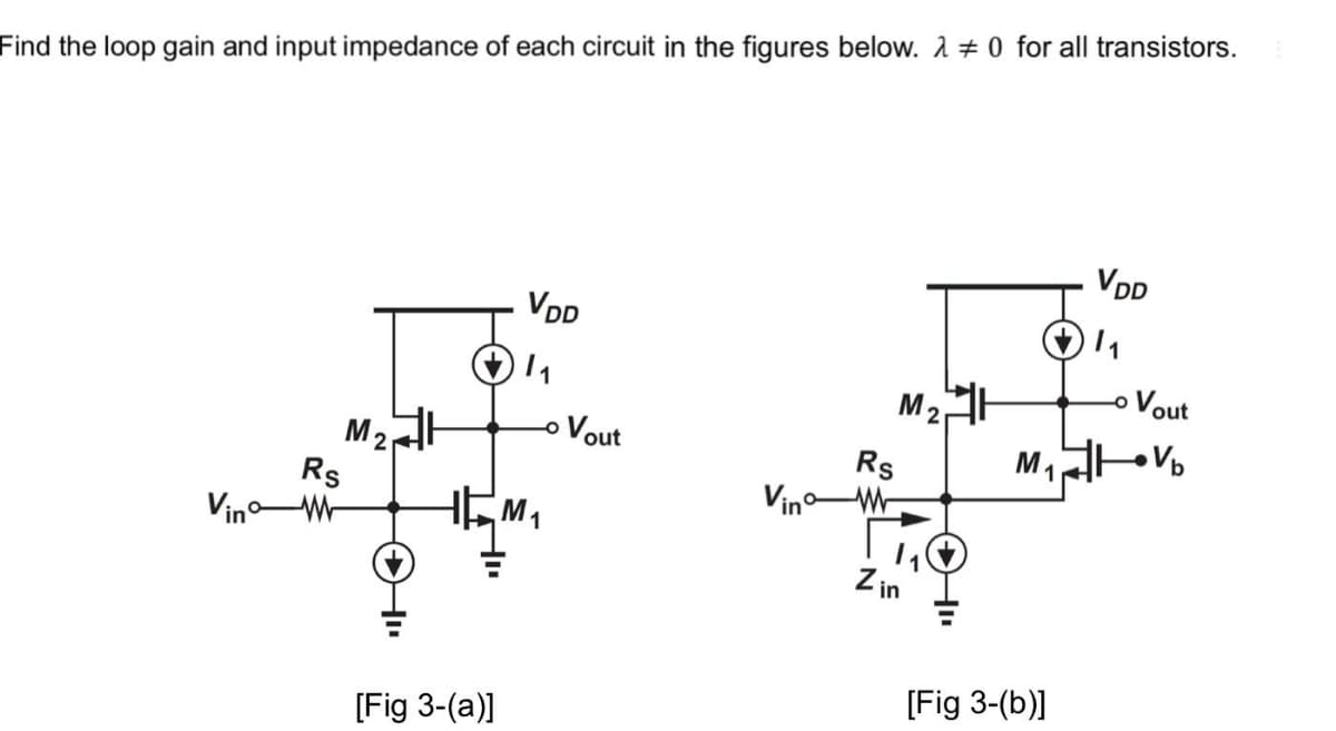 Find the loop gain and input impedance of each circuit in the figures below. 1 # 0 for all transistors.
VDD
VDD
Vout
M2
oVout
Rs
Rs
Vin-W-
VinW
Z in
[Fig 3-(b)]
[Fig 3-(a)]
