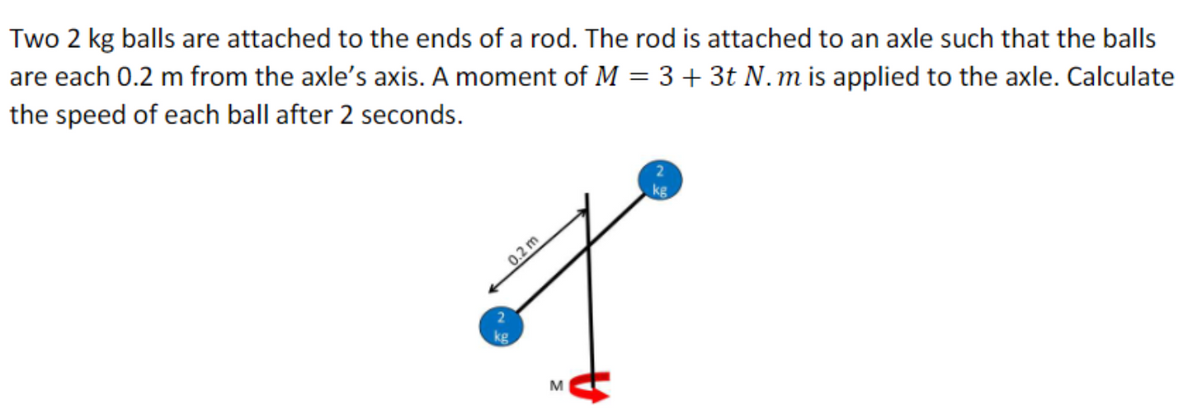 Two 2 kg balls are attached to the ends of a rod. The rod is attached to an axle such that the balls
are each 0.2 m from the axle's axis. A moment of M = 3 + 3t N.m is applied to the axle. Calculate
the speed of each ball after 2 seconds.
0.2 m
~ 20
M