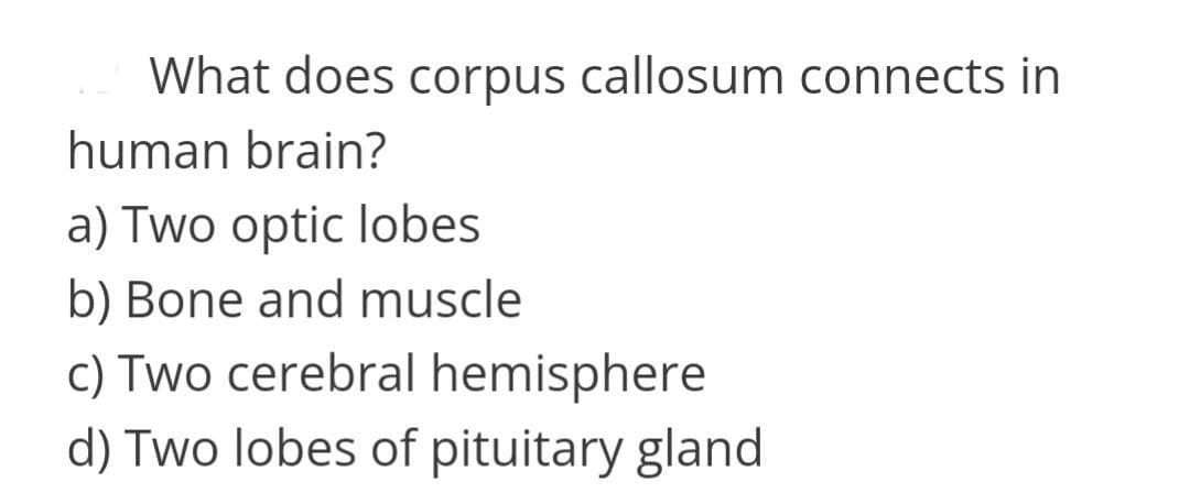 What does corpus callosum connects in
human brain?
a) Two optic lobes
b) Bone and muscle
c) Two cerebral hemisphere
d) Two lobes of pituitary gland
