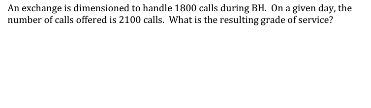 An exchange is dimensioned to handle 1800 calls during BH. On a given day, the
number of calls offered is 2100 calls. What is the resulting grade of service?
