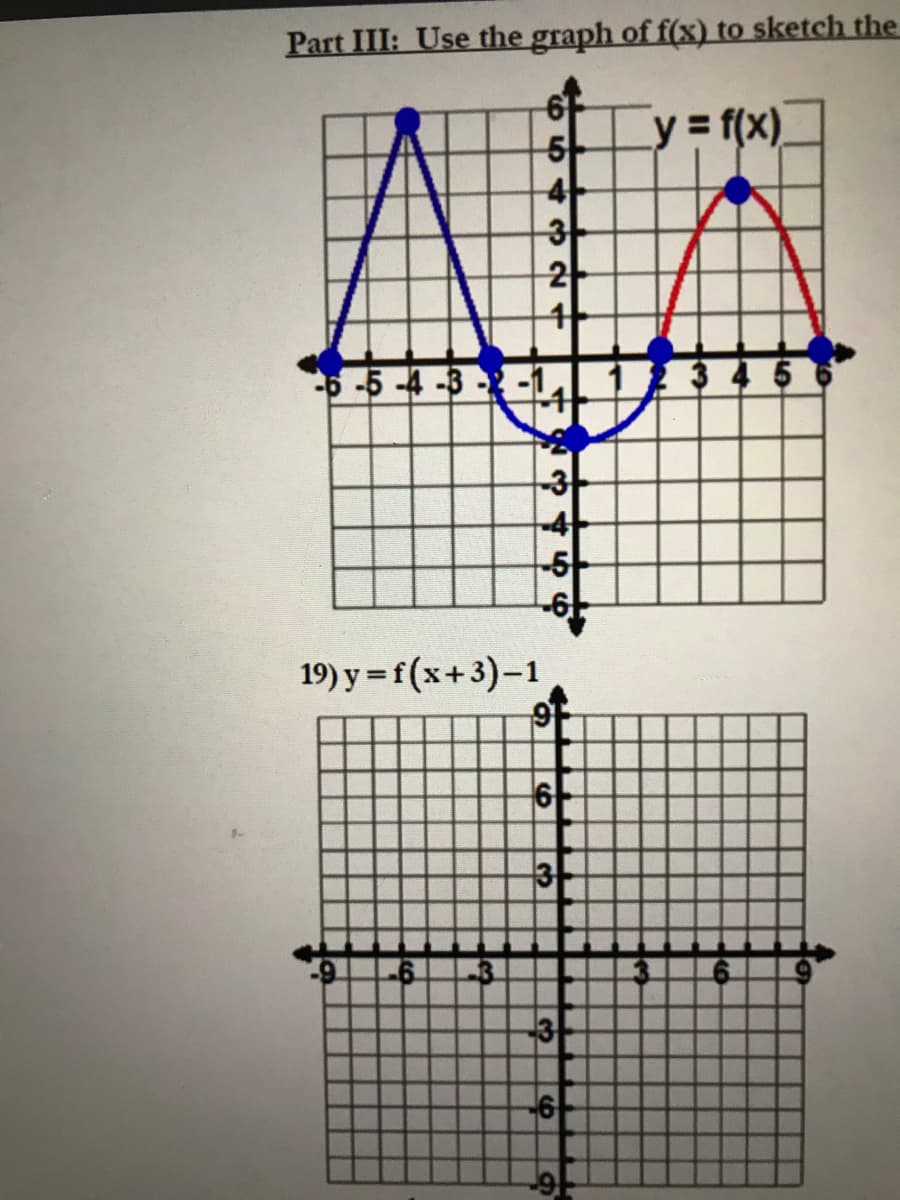 Part III: Use the graph of f(x) to sketch the
y = f(x).
5-
3-
2-
-5-4-3-
3456
4
5-
19) y = f(x+3)-1
6-
3
3
