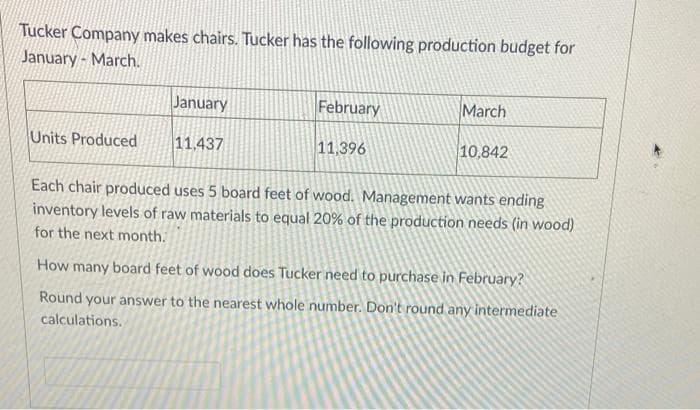 Tucker Company makes chairs. Tucker has the following production budget for
January - March.
Units Produced
January
11,437
February
11,396
March
10,842
Each chair produced uses 5 board feet of wood. Management wants ending
inventory levels of raw materials to equal 20% of the production needs (in wood)
for the next month.
How many board feet of wood does Tucker need to purchase in February?
Round your answer to the nearest whole number. Don't round any intermediate
calculations.