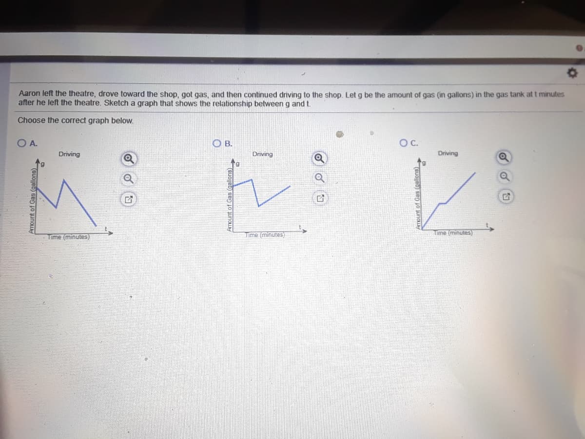 Aaron left the theatre, drove toward the shop, got gas, and then continued driving to the shop. Let g be the amount of gas (in gallons) in the gas tank at t minutes
after he left the theatre. Sketch a graph that shows the relationship between g and t.
Choose the correct graph below.
O A.
O B.
OC.
Driving
Driving
Driving
Time (minutes)
Time (minutes)
Time (minutes
