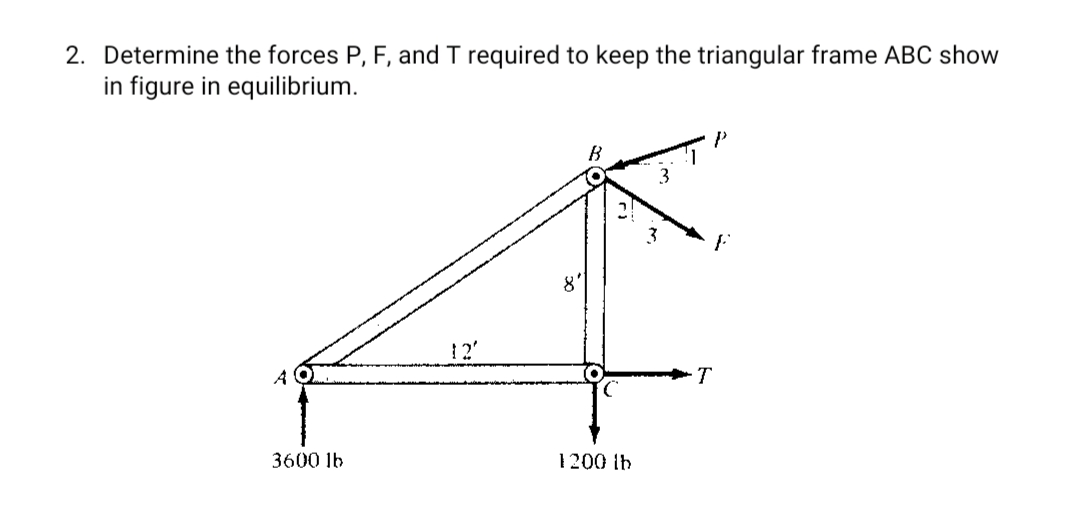 2. Determine the forces P, F, and T required to keep the triangular frame ABC show
in figure in equilibrium.
12'
A
T
3600 lb
1200 lb
