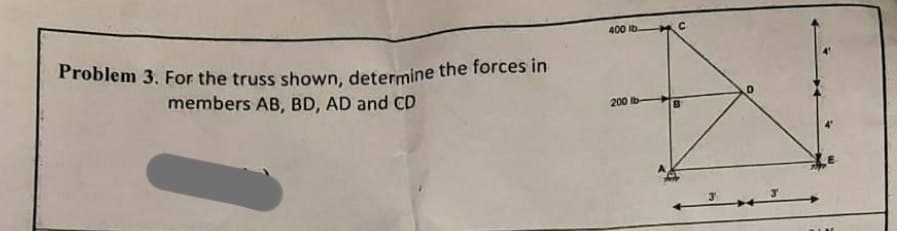 Problem 3. For the truss shown, determine the forces in
members AB, BD, AD and CD
400 lb.
200 lb-
C
D