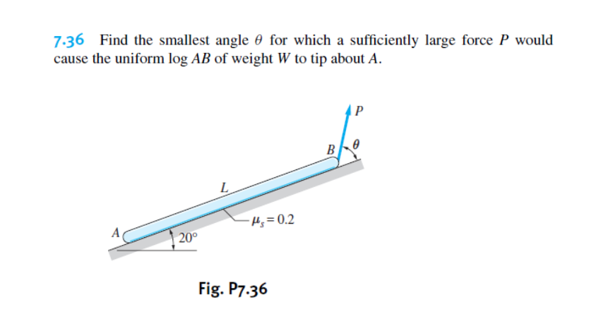 7-36 Find the smallest angle 0 for which a sufficiently large force P would
cause the uniform log AB of weight W to tip about A.
-H;= 0.2
A
20°
Fig. P7.36
