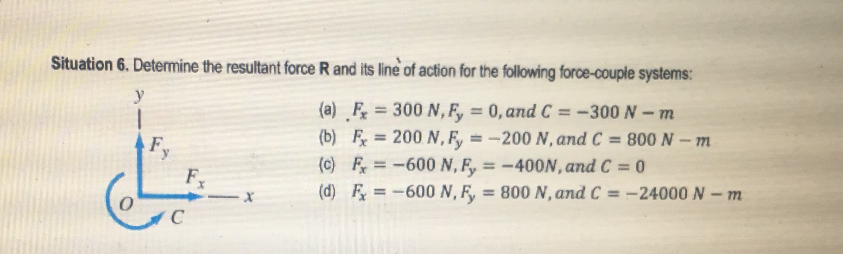 ation 6. Determine the resultant force R and its line of action for the following force-couple systems:
