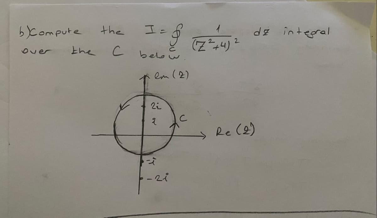 b)compute
エ=ダ
dz integral
the
the
(74)2
C belo w
6ver
em (2)
2i
Re (2)
-28
