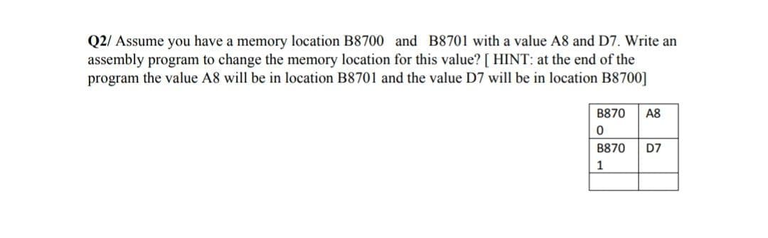 Q2/ Assume you have a memory location B8700 and B8701 with a value A8 and D7. Write an
assembly program to change the memory location for this value? [ HINT: at the end of the
program the value A8 will be in location B8701 and the value D7 will be in location B8700]
B870
A8
B870
D7
1
