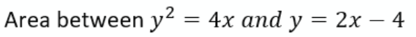 Area between y² = 4x and y = 2x – 4
%3D
