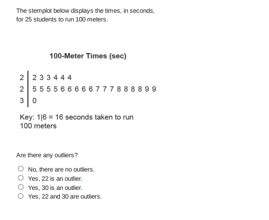 The stemplot below displays the times, in seconds,
for 25 students to run 100 meters.
100-Meter Times (sec)
2 233 44 4
2 555 5 6 6 6 6 6 777 8 88 8 99
3 0
Key: 1|6 = 16 seconds taken to run
100 meters
Are there any outliers?
No, there are no outliers.
Yes, 22 is an outlier.
Yes, 30 is an outlier.
Yes, 22 and 30 are outliers.
