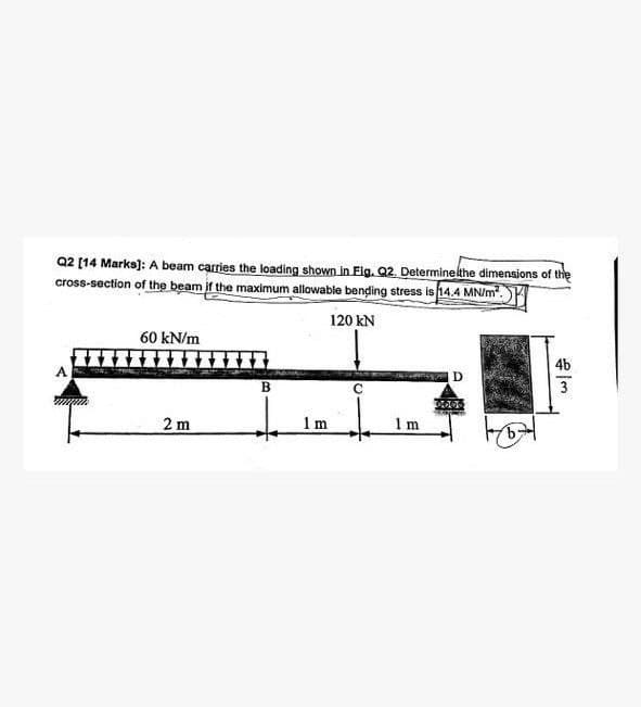 Q2 [14 Marks]: A beam carries the loading shown in Fig. Q2. Determine the dimensions of the
cross-section of the beam if the maximum allowable bending stress is 14.4 MN/m².
120 KN
mwm
60 kN/m
2 m
B
1m
Im
D
5555
4b
Im
3