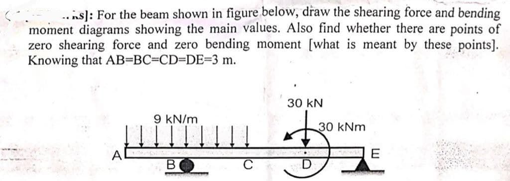 ..ns]: For the beam shown in figure below, draw the shearing force and bending
moment diagrams showing the main values. Also find whether there are points of
zero shearing force and zero bending moment [what is meant by these points].
Knowing that AB=BC=CD=DE=3 m.
9 kN/m
ALS
B
www
30 kN
D
30 kNm
WA
E
