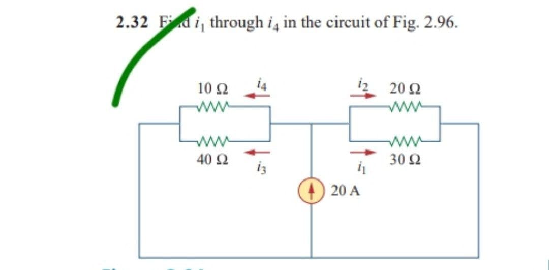 2.32 Find i through i, in the circuit of Fig. 2.96.
20 Ω
10 Ω
Μ
Μ
40 Ω
20 Α
30 Ω