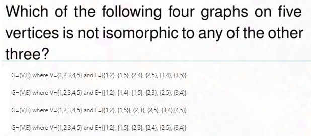 Which of the following four graphs on five
vertices is not isomorphic to any of the other
three?
G=V,E) where V={1,2,3,4,5) and E={{1,2), {1,5), {2,4), {2,5), {3,4), (3,5}}
G=V,E) where V={1,2,3,4,5) and E={{1,2), {1,4), {1,5), {2,3}, (2,5), (3,4}}
G=(V,E) where V={1,2,3,4,5} and E={{1,2}, {1,5}}, {2,3}, {2,5), (3,4),(4,5}}
G=(V,E) where V={1,2,3,4,5) and E={{1,2}, {1,5), {2,3), (2,4), (2,5), (3,4}}
