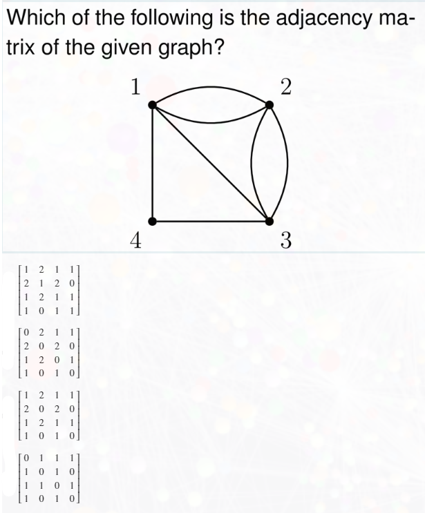 Which of the following is the adjacency ma-
trix of the given graph?
1
4
3
1
2
1
2
2 0
1 2
1
1
1 0
1
2
1
2
2 0
1
1
1
1
1
1
1
2 0
2 0
1
1
1
1
1
1
1
1
1 0
1 10 1
10 1 0]
2.
