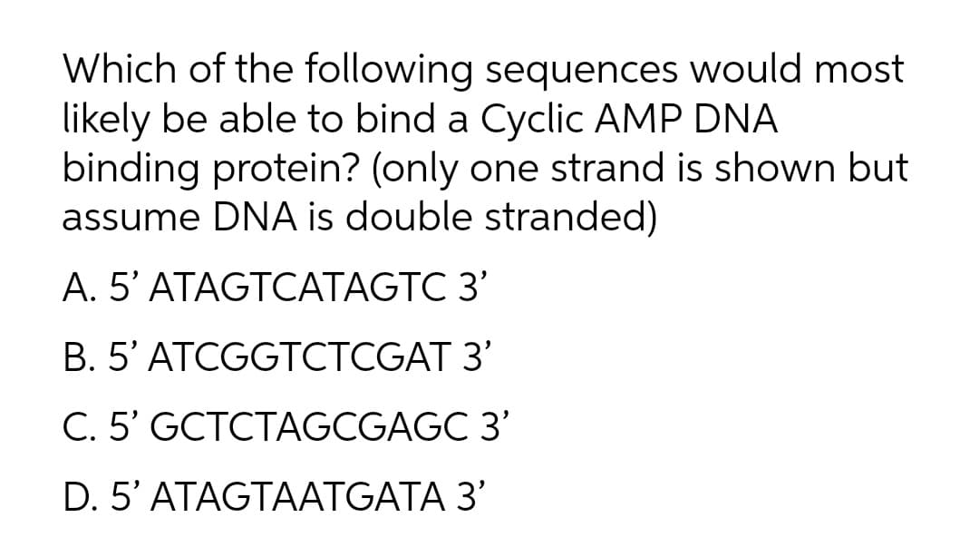 Which of the following sequences would most
likely be able to bind a Cyclic AMP DNA
binding protein? (only one strand is shown but
assume DNA is double stranded)
A. 5' ATAGTOCATAGTC 3'
B. 5' ATCGGTCTCGAT 3'
C. 5' GCTCTAGCGAGC 3'
D. 5' ATAGTAATGATA 3'
