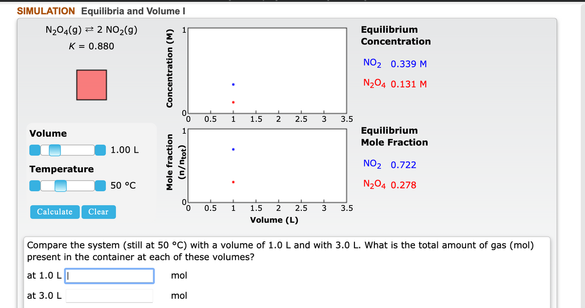 SIMULATION Equilibria and Volume I
N204(g) 2 2 NO2(g)
Equilibrium
Concentration
K = 0.880
NO2 0.339 M
N204 0.131 M
0.5
1
1.5
2.5
3.5
Volume
Equilibrium
Mole Fraction
1.00 L
NO2 0.722
Temperature
50 °C
N204 0.278
0.
0.5
1
1.5
2
2.5
3
3.5
Calculate
Clear
Volume (L)
Compare the system (still at 50 °C) with a volume of 1.0 L and with 3.0 L. What is the total amount of gas (mol)
present in the container at each of these volumes?
at 1.0 L||
mol
at 3.0 L
mol
Mole fraction
Concentration (M)
(101u/u)
