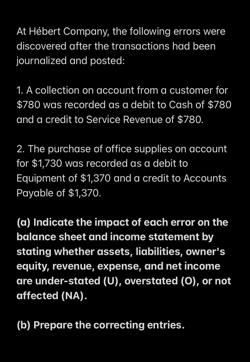 At Hébert Company, the following errors were
discovered after the transactions had been
journalized and posted:
1. A collection on account from a customer for
$780 was recorded as a debit to Cash of $780
and a credit to Service Revenue of $780.
2. The purchase of office supplies on account
for $1,730 was recorded as a debit to
Equipment of $1,370 and a credit to Accounts
Payable of $1,370.
(a) Indicate the impact of each error on the
balance sheet and income statement by
stating whether assets, liabilities, owner's
equity, revenue, expense, and net income
are under-stated (U), overstated (O), or not
affected (NA).
(b) Prepare the correcting entries.