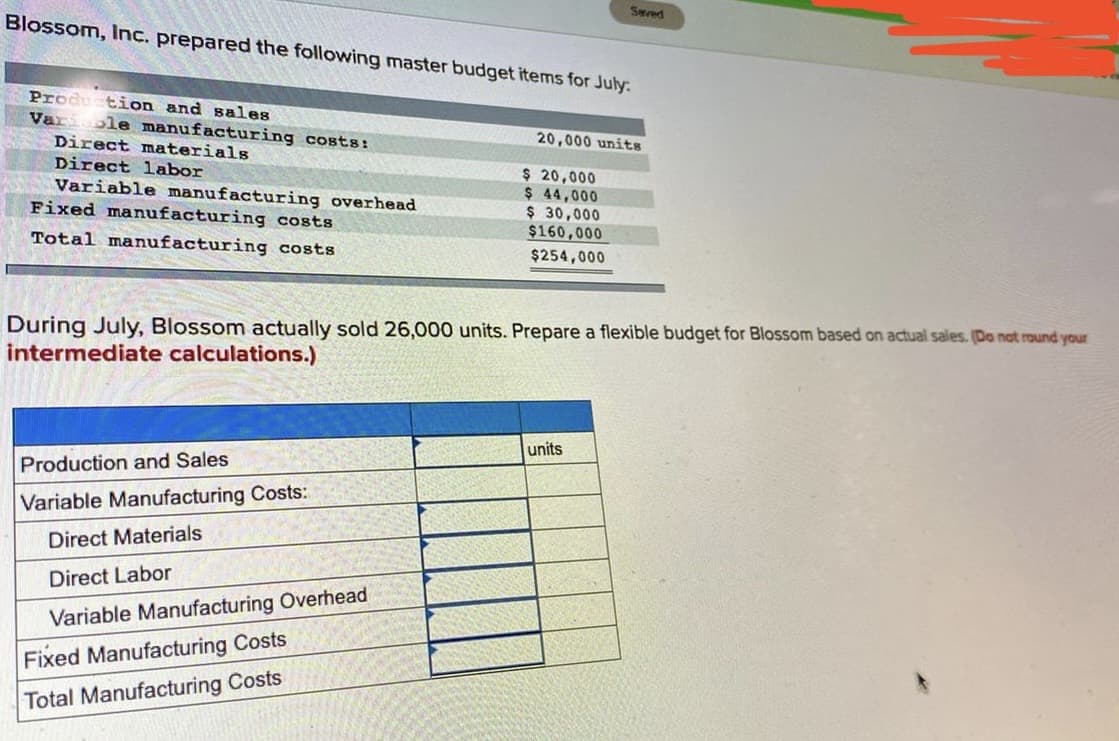Seved
Blossom, Inc. prepared the following master budget items for July:
Prodution and sales
Varole manufacturing costs:
20,000 units
Direct materials
Direct labor
Variable manufacturing overhead
Fixed manufacturing costs
$ 20,000
$ 44,000
$ 30,000
$160,000
Total manufacturing costs
$254,000
During July, Blossom actually sold 26,000 units. Prepare a flexible budget for Blossom based on actual sales. (Do nat round your
intermediate calculations.)
units
Production and Sales
Variable Manufacturing Costs:
Direct Materials
Direct Labor
Variable Manufacturing Overhead
Fixed Manufacturing Costs
Total Manufacturing Costs
