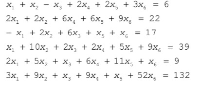 х, + х, — х, + 2x, + 2x, + 3x,
%3D б6
2х, + 2x, + 6х, + бх, + 9х, %3D 22
х, + 2х, + бх, + х, + х, %3D 17
х, + 10х, + 2х, + 2х, + 5х, + 9х,
= 39
2х, + 5х, + х, + бх, + 11х, + х, %3D 9
Зх, + 9х, + х, + 9х, + х, + 52х,
= 132
