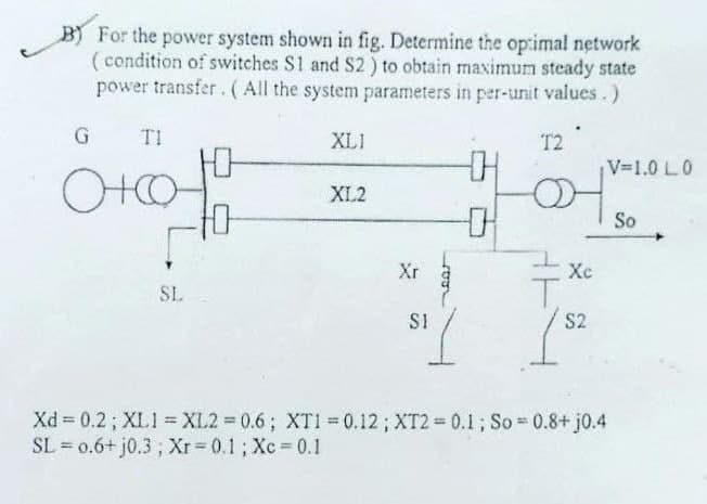 B) For the power system shown in fig. Determine the op:imal network
(condition of switches S1 and S2 ) to obtain maximum steady state
power transfer. ( All the system parameters in per-unit values.)
TI
XLI
T2
머
OHO
V 1.0 L0
XL2
머
So
Xr
Xc
SL
S1
S2
Xd 0.2; XL1 = XL2 0.6; XTI 0.12; XT2 0.1; So 0.8+ j0.4
SL = 0.6+ j0.3 ; Xr = 0.1; Xc 0.1
