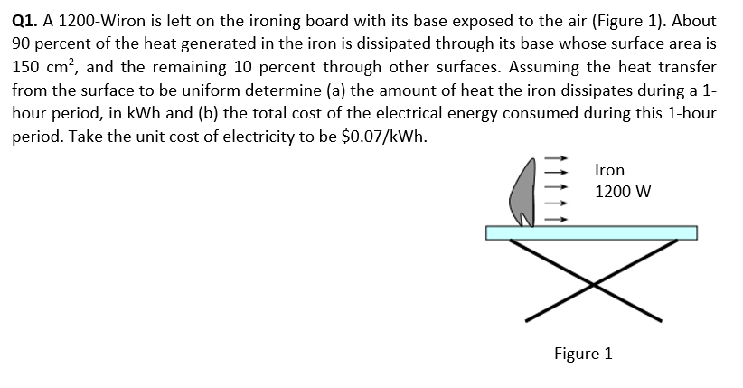 Q1. A 1200-Wiron is left on the ironing board with its base exposed to the air (Figure 1). About
90 percent of the heat generated in the iron is dissipated through its base whose surface area is
150 cm?, and the remaining 10 percent through other surfaces. Assuming the heat transfer
from the surface to be uniform determine (a) the amount of heat the iron dissipates during a 1-
hour period, in kWh and (b) the total cost of the electrical energy consumed during this 1-hour
period. Take the unit cost of electricity to be $0.07/kWh.
Iron
1200 W
Figure 1
