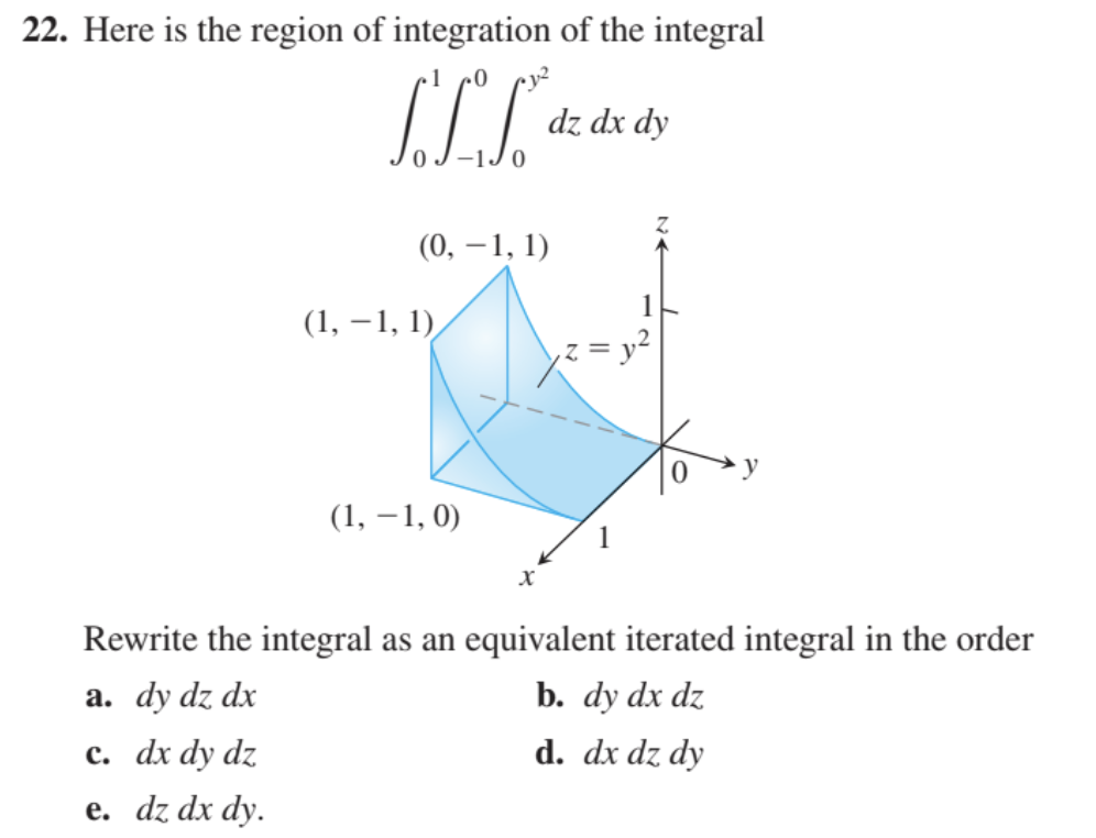 22. Here is the region of integration of the integral
dz dx dy
(0, – 1, 1)
(1, –1, 1)
z = y²
(1, –1, 0)
Rewrite the integral as an equivalent iterated integral in the order
a. dy dz dx
b. dy dx dz
c. dx dy dz
d. dx dz dy
e. dz dx dy.
