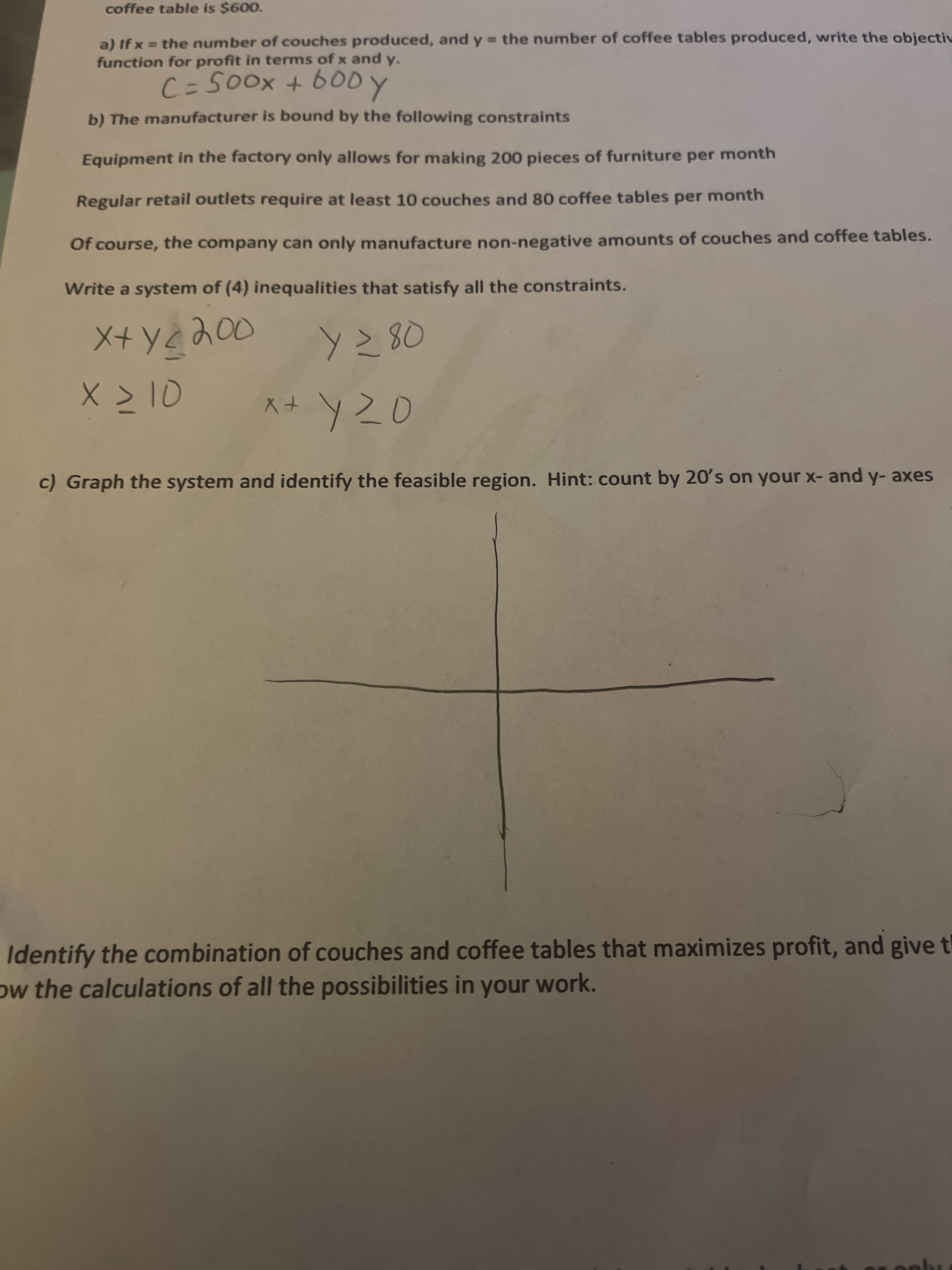 c) Graph the system and identify the feasible region. Hint: count by 20's on your x- and y- axes
