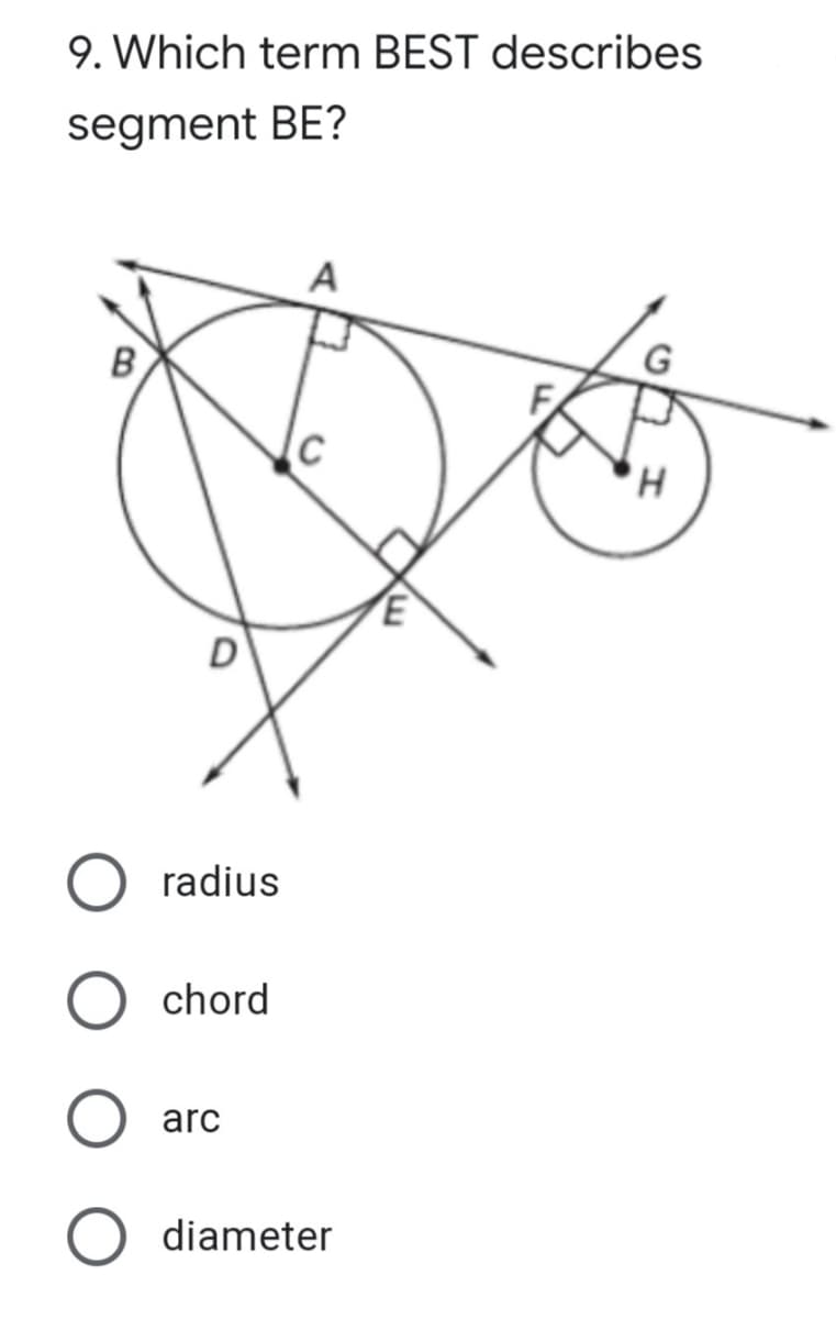 9. Which term BEST describes
segment BE?
A
B
radius
chord
arc
diameter
