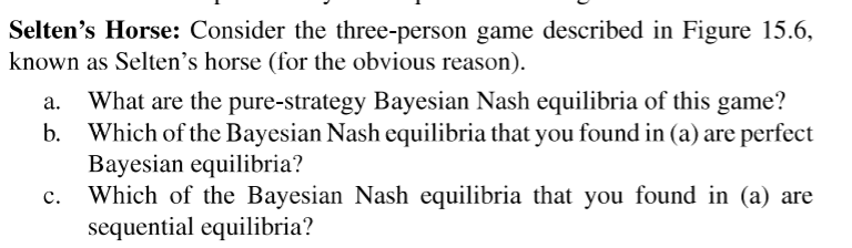 Selten's Horse: Consider the three-person game described in Figure 15.6,
known as Selten's horse (for the obvious reason).
What are the pure-strategy Bayesian Nash equilibria of this game?
Which of the Bayesian Nash equilibria that you found in (a) are perfect
Bayesian equilibria?
c.
b.
Which of the Bayesian Nash equilibria that you found in (a) are
sequential equilibria?
